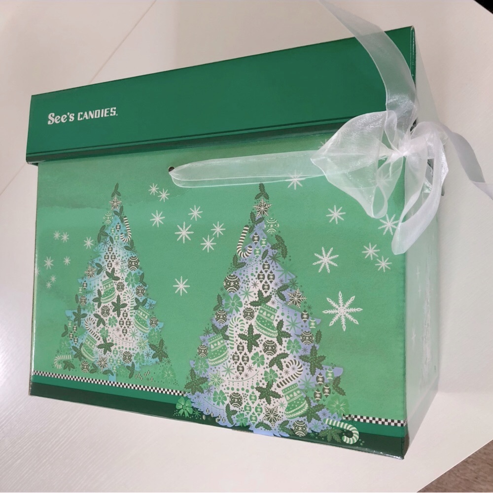 Christmas tree green Gift box with lid & white 2.5"Organdy ribbon by Sees candy